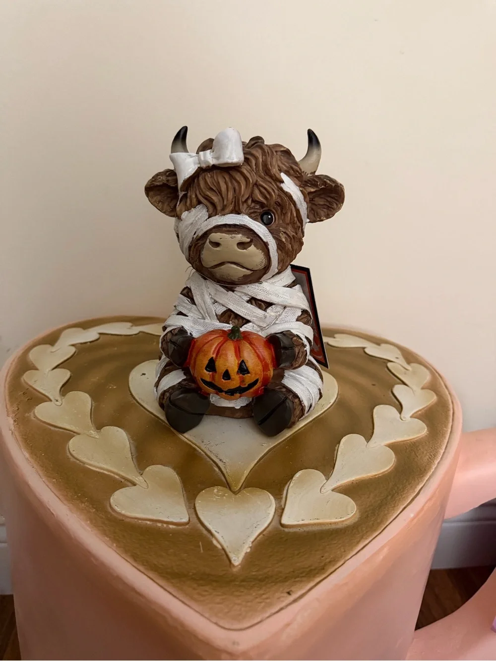 HallowHome Resin Halloween Highland Mummy Cow with Pumpkin